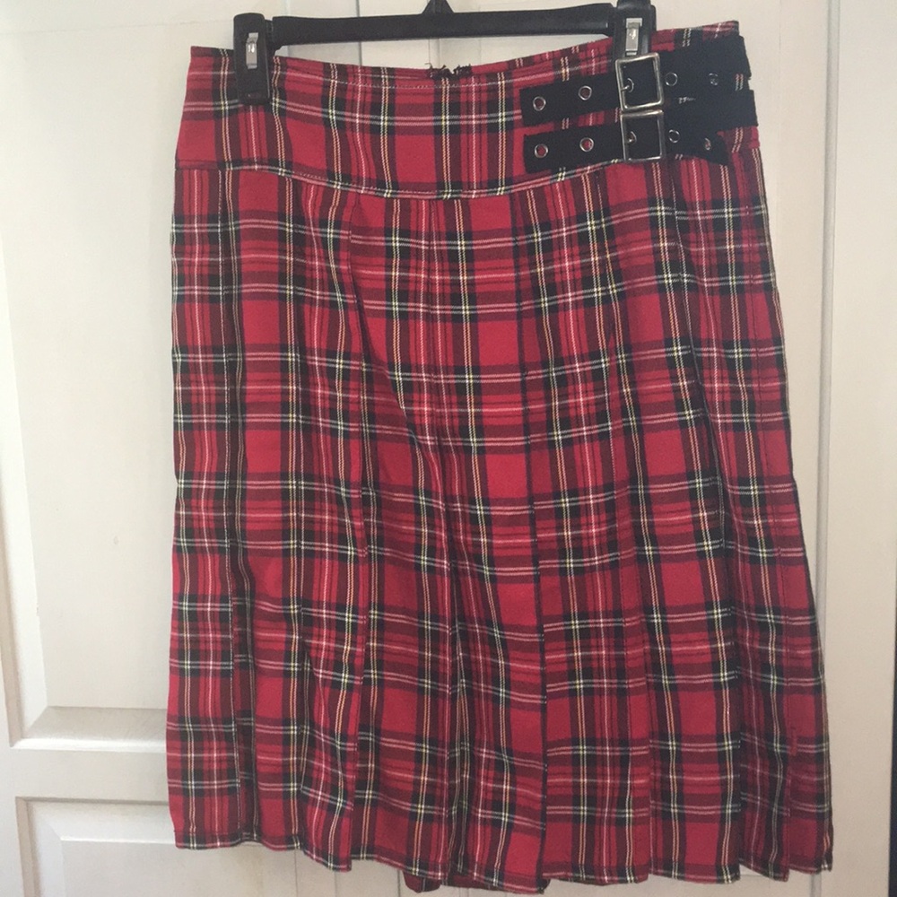 Tripp NYC Red Plaid Skirt Black Buckle Detail